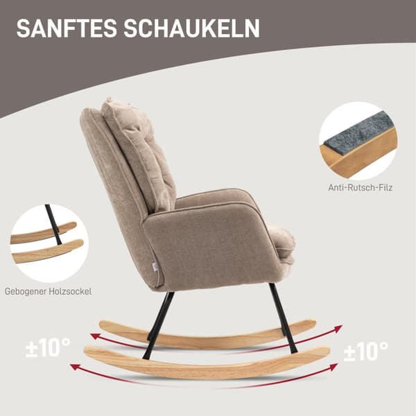 Gyngestol, lenestol, ammestol med chenille-look, gyngestol opptil 120 kg bæreevne for soverom, stue, brun