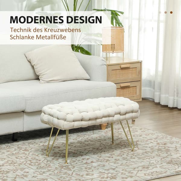 Krakk, polstret benk med fløyelslook, fotskammel med polstret sete, metallben, fotstøtte, for stue, soverom, 76 x 38 x 41,5 cm, kremhvit