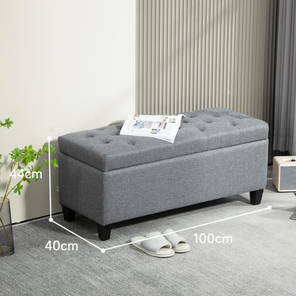 Benk trukket benk med oppbevaringsplass brystbenk gang soverom stue lin-lignende polyester gummitre lys grå 100 x 40 x 44 cm