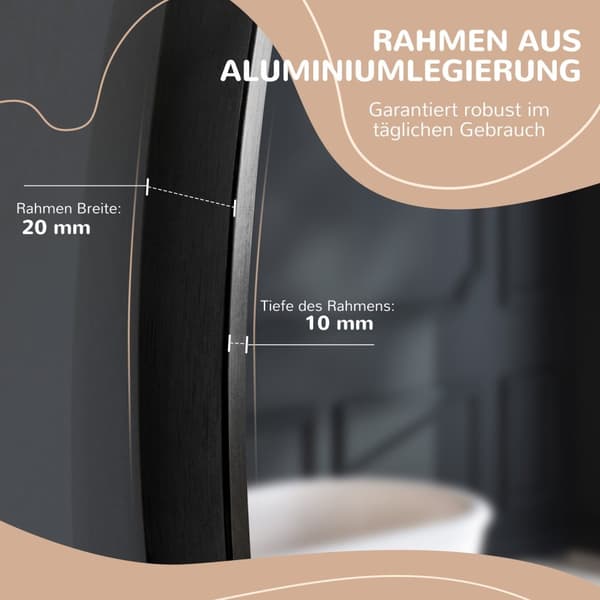 Badeværelsesspejl, rundt spejl, badeværelsesspejl med aluminiumsramme, Ø50 cm vægspejl til stue, soveværelse, badeværelse, IP44, sort