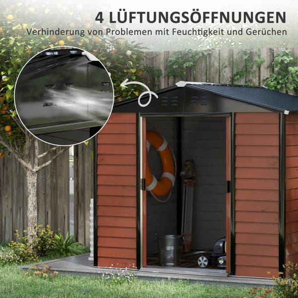 Redskabsskur 4,4 m², haveskur med pulttag, skydedør, fundament, 240 x 206 x 198 cm, redskabsskur af galvaniseret stål, vejrbestandig, til have, teaktr