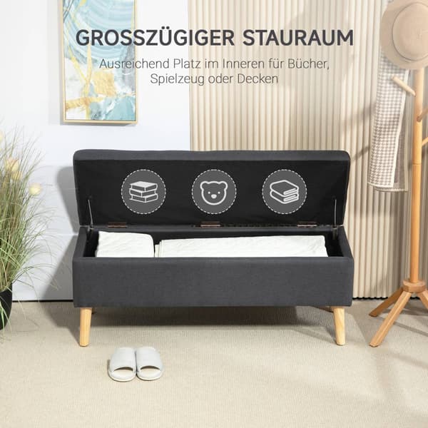 Benk trukket benk med oppbevaringsplass sengebenk med linlook for gang soverom stue gummitre mørk grå 110 x 39 x 45 cm