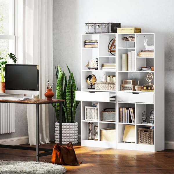 Bokhylla stående hylla med 9 hyllor, 1 låda, förvaringshylla med anti-tiltsäkerhet, kontorshylla för vardagsrum, kontor, 60 x 26 x 158 cm, vit