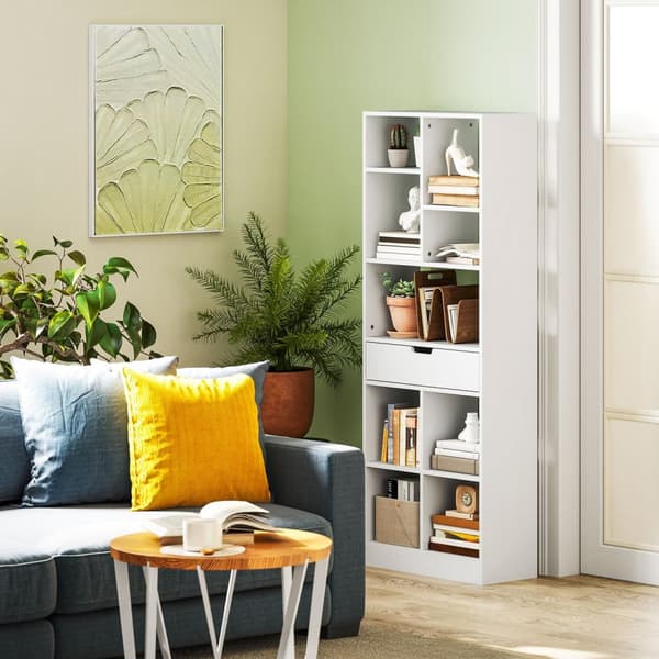 Bokhylla stående hylla med 9 hyllor, 1 låda, förvaringshylla med anti-tiltsäkerhet, kontorshylla för vardagsrum, kontor, 60 x 26 x 158 cm, vit