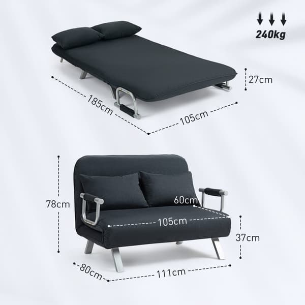Bäddsoffa, bäddsoffa med justerbart ryggstöd, kudde, 2-sits soffa med sovfunktion, sammetslook, armstöd, soffa för vardagsrum, sovrum, svart