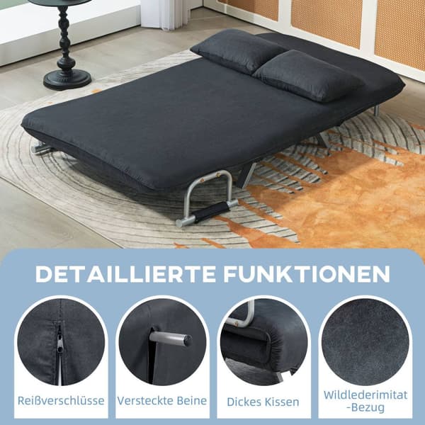 Bäddsoffa, bäddsoffa med justerbart ryggstöd, kudde, 2-sits soffa med sovfunktion, sammetslook, armstöd, soffa för vardagsrum, sovrum, svart