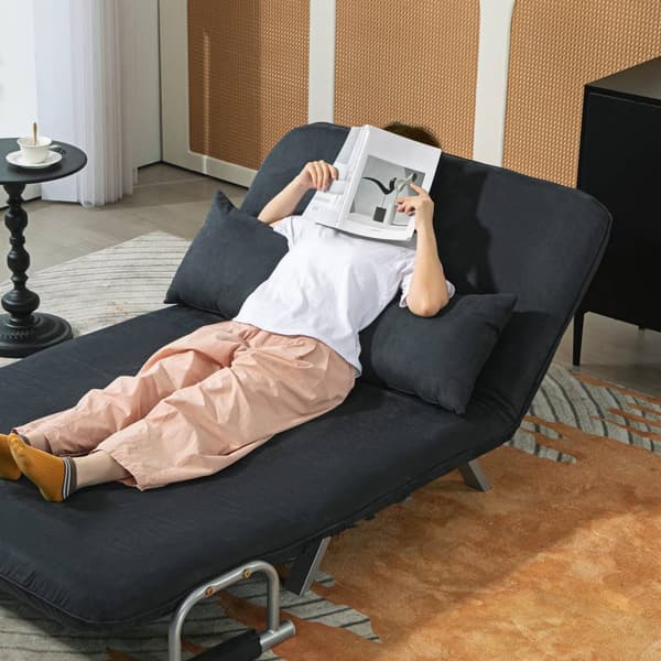 Bäddsoffa, bäddsoffa med justerbart ryggstöd, kudde, 2-sits soffa med sovfunktion, sammetslook, armstöd, soffa för vardagsrum, sovrum, svart