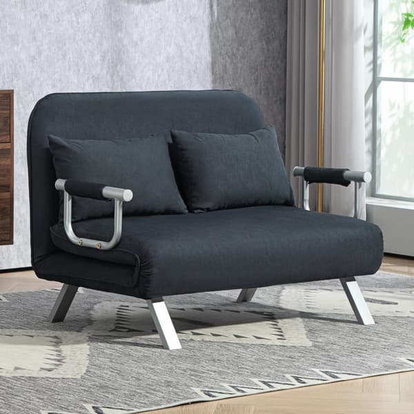 Bäddsoffa, bäddsoffa med justerbart ryggstöd, kudde, 2-sits soffa med sovfunktion, sammetslook, armstöd, soffa för vardagsrum, sovrum, svart