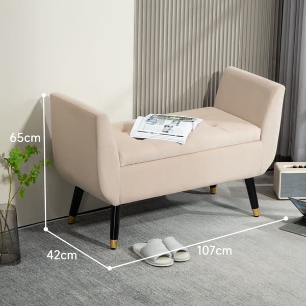 Luksusbenk polstret benk med oppbevaringsplass armlener brystbenk fløyelsmyk polyester gummi trebeige 107 x 42 x 65 cm