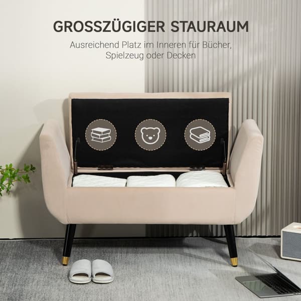 Luksusbenk polstret benk med oppbevaringsplass armlener brystbenk fløyelsmyk polyester gummi trebeige 107 x 42 x 65 cm
