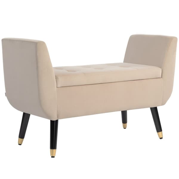 Luksusbenk polstret benk med oppbevaringsplass armlener brystbenk fløyelsmyk polyester gummi trebeige 107 x 42 x 65 cm