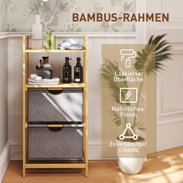 Skittentøyskurv 35,4 L skittentøyskurv med 2 tøykurver Åpne hyller Vaskeboks med håndtak for bad Bambus Natural