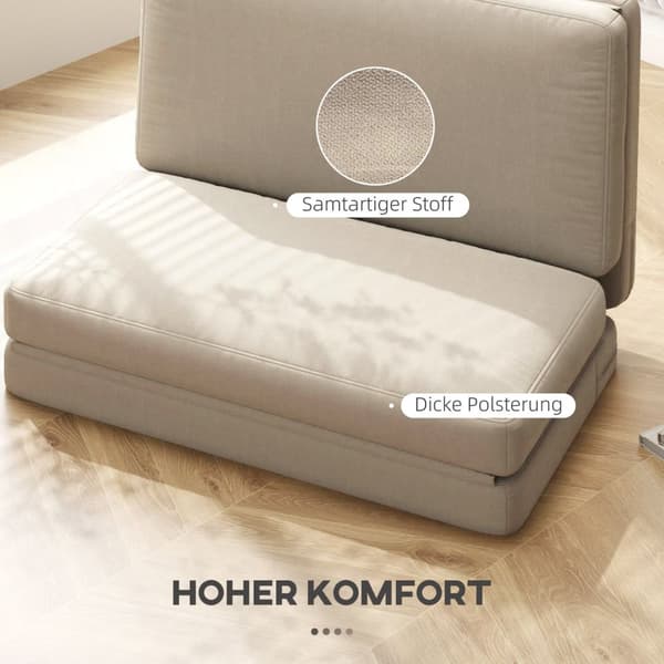 Gulvsofa 3-i-1 sammenfoldelig sovesofa med fløjlslook, polstret sovesofa kan holde op til 240 kg til soveværelse, stue, beige