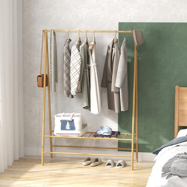 Bambus knagerække, tøjstativ med hylder og kroge, tøjstativ med bøjlestang, til entre, stue, soveværelse, 116 x 43,5 x 160 cm, naturtræ