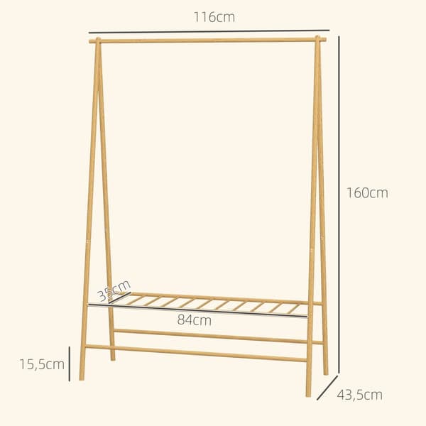 Bambus knagerække, tøjstativ med hylder og kroge, tøjstativ med bøjlestang, til entre, stue, soveværelse, 116 x 43,5 x 160 cm, naturtræ