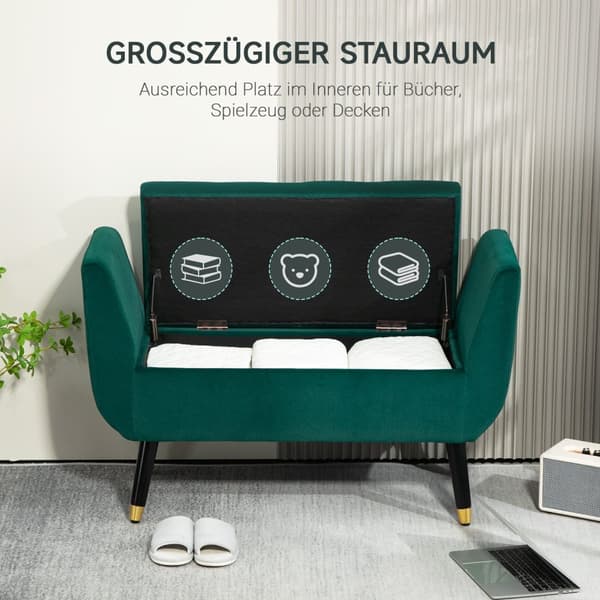 Luksusbenk polstret benk med oppbevaringsplass armlener brystbenk fløyelsmyk polyester gummi tregrønn 107 x 42 x 65 cm