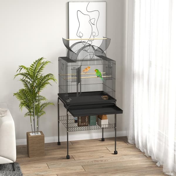 Fågelbur stor undulatbur med bricka, förvaringsutrymme, matningsstation, fågelhus med hjul för kanariefåglar, stål 63 x 53 x 144 cm svart