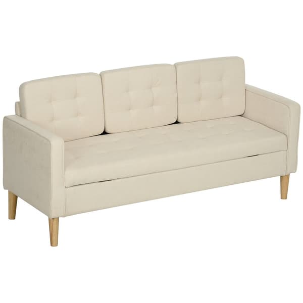 3-sits soffa, soffa med förvaringsutrymme, träben, stoppad soffa med sammetslook för vardagsrum, sovrum, 166,5 x 62 x 82 cm, krämvit