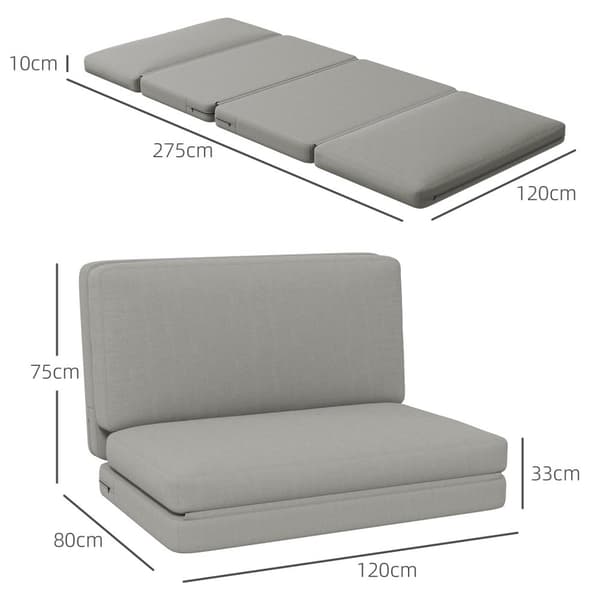 Gulvsofa 3-i-1 sammenfoldelig sovesofa med fløjlslook, polstret sovesofa kan holde op til 240 kg til soveværelse, stue, lysegrå