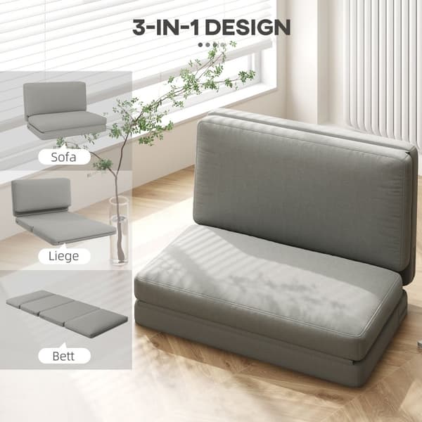 Gulvsofa 3-i-1 sammenfoldelig sovesofa med fløjlslook, polstret sovesofa kan holde op til 240 kg til soveværelse, stue, lysegrå