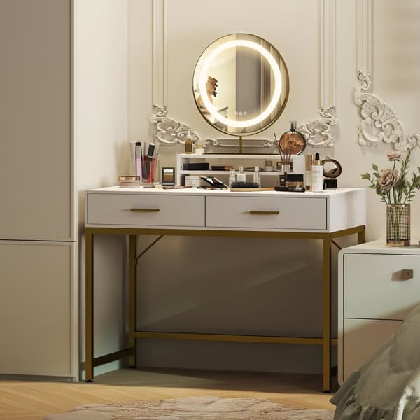 Sminkbord med LED-belysning, sminkbord med justerbar spegel, sminkbord med 2 lådor, öppen hylla, sminkbord för sovrum, 100 x 50 x 76 cm, vit