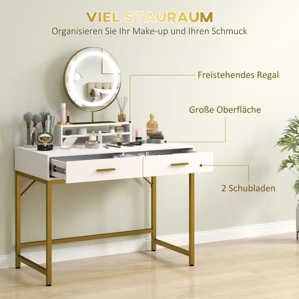 Sminkbord med LED-belysning, sminkbord med justerbar spegel, sminkbord med 2 lådor, öppen hylla, sminkbord för sovrum, 100 x 50 x 76 cm, vit