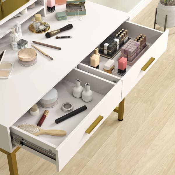 Sminkbord med LED-belysning, sminkbord med justerbar spegel, sminkbord med 2 lådor, öppen hylla, sminkbord för sovrum, 100 x 50 x 76 cm, vit