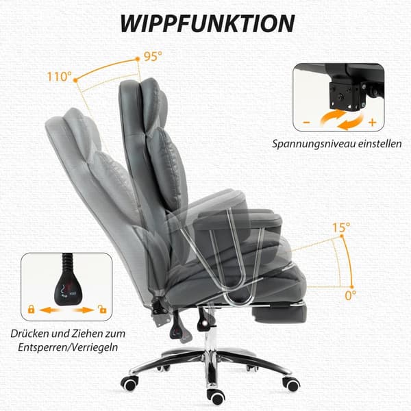 Kontorstol med liggefunksjon, ergonomisk skrivebordsstol, høydejusterbar svingstol med fotstøtte, polstret, kan holde opptil 120 kg, for kontor, arbei