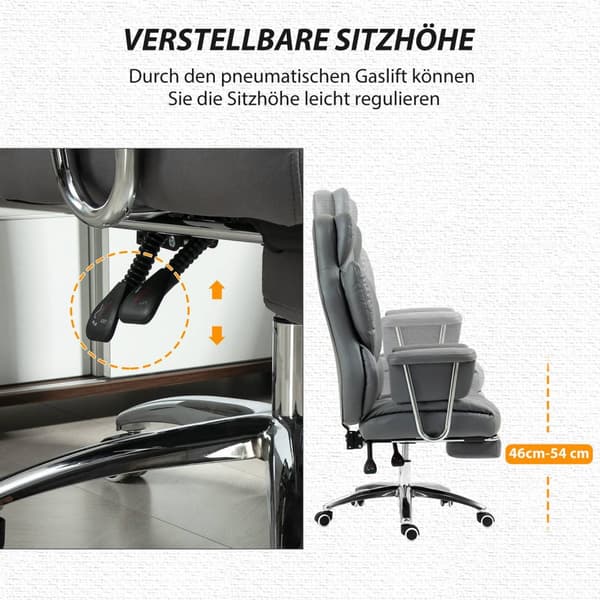 Kontorstol med liggefunksjon, ergonomisk skrivebordsstol, høydejusterbar svingstol med fotstøtte, polstret, kan holde opptil 120 kg, for kontor, arbei