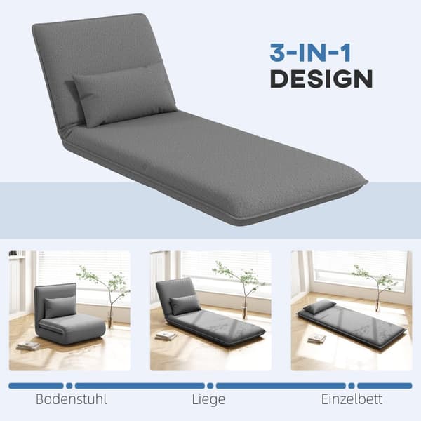 Gulvsofa 3-i-1 sammenleggbar sovesofa, polstret sovesofa med sovefunksjon, lastekapasitet opptil 150 kg, for soverom, stue, mørkegrå