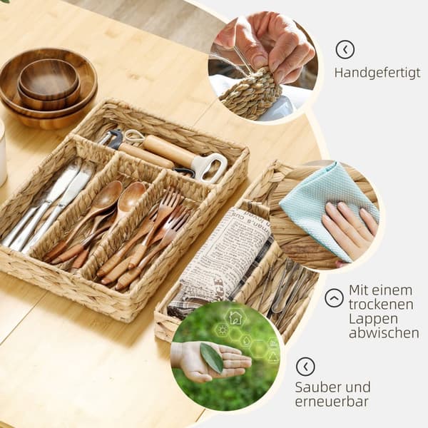 Set med 2 förvaringskorgar, vävda vattenhyacintkorgar för förvaring och organisering, vardagsrum, kök, sovrum, 36 x 26 x 5 cm, naturligt trä