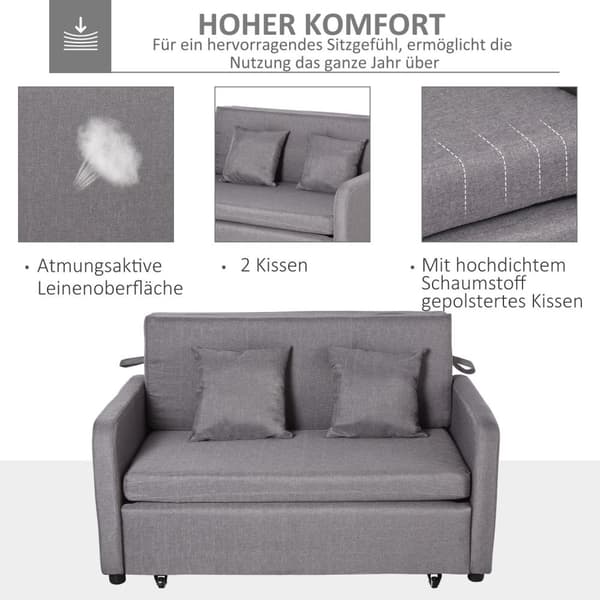 Bäddsoffa, bäddsoffa med förvaringsutrymme, kuddar, armstöd, 2-sits soffa med sovfunktion, linnelook, stoppad soffa med hjul för vardagsrum, sovrum, g
