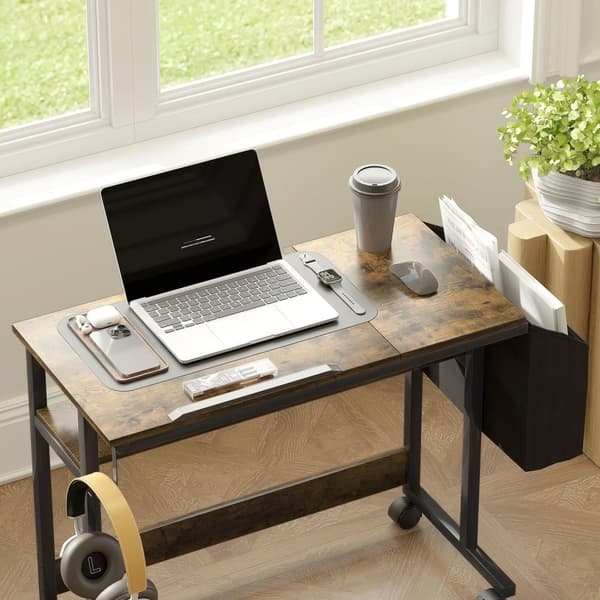 Højdejusterbart skrivebord 92 x 40 cm Computerskrivebord med hjul Vippeplatform Opbevaringspose til studiekontor Stål Rustik Brun