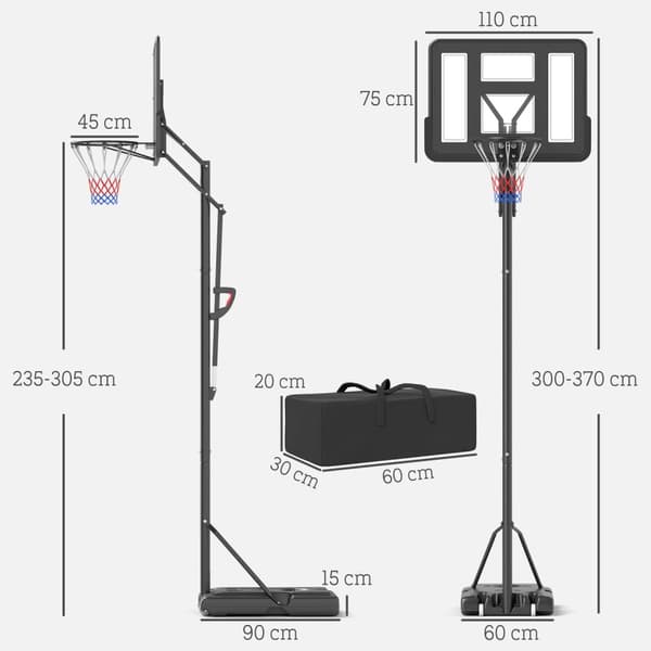 Utendørs basketballkurv, justerbar kurvhøyde 230-305 cm, basketballstativ med 110 x 75 cm bruddsikker bakvegg med hjul, fjærbelastet kurv, vekt for vo