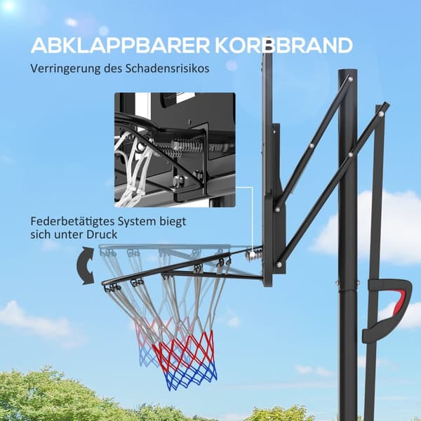 Utendørs basketballkurv, justerbar kurvhøyde 230-305 cm, basketballstativ med 110 x 75 cm bruddsikker bakvegg med hjul, fjærbelastet kurv, vekt for vo
