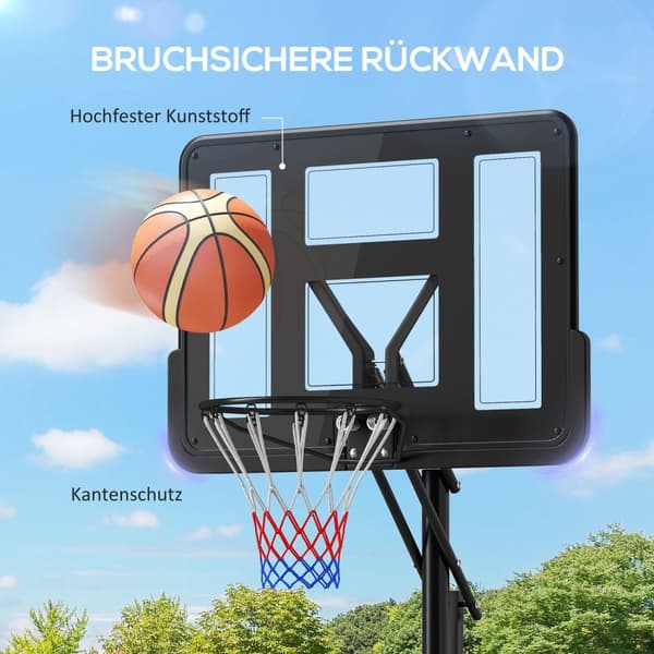 Utendørs basketballkurv, justerbar kurvhøyde 230-305 cm, basketballstativ med 110 x 75 cm bruddsikker bakvegg med hjul, fjærbelastet kurv, vekt for vo