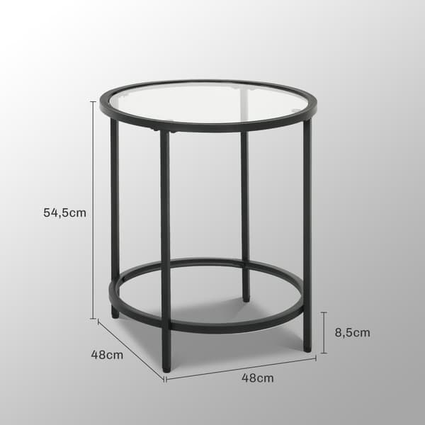 Sidobord runt soffbord med glasbordsskiva, metallstomme, soffbord, sängbord för vardagsrum, sovrum, svart, Ø48 x 54,7 cm