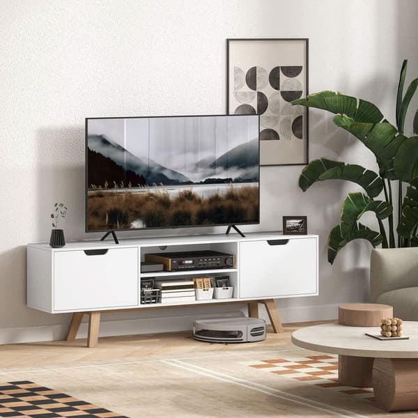 TV-skap, TV-stativ for fjernsyn opptil 65 tommer, lowboard med 2 skap og 2 hyller, TV-skap til stue, 150 x 39 x 50 cm hvit