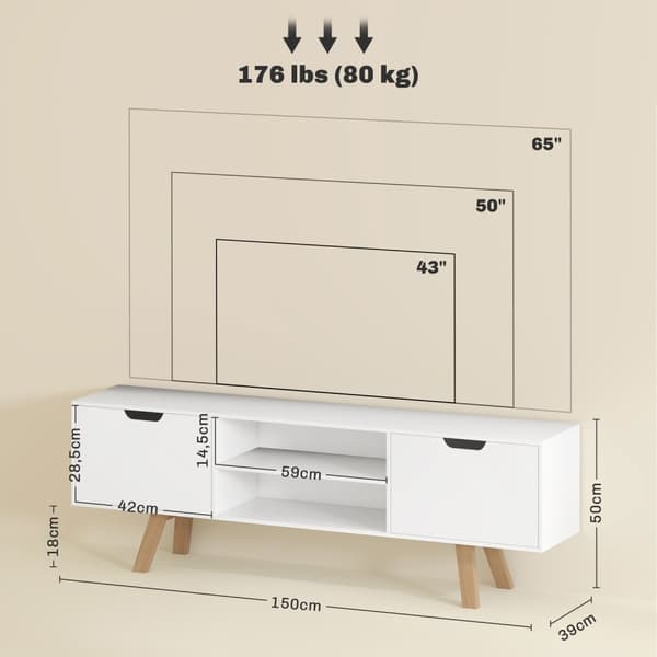 TV-skap, TV-stativ for fjernsyn opptil 65 tommer, lowboard med 2 skap og 2 hyller, TV-skap til stue, 150 x 39 x 50 cm hvit
