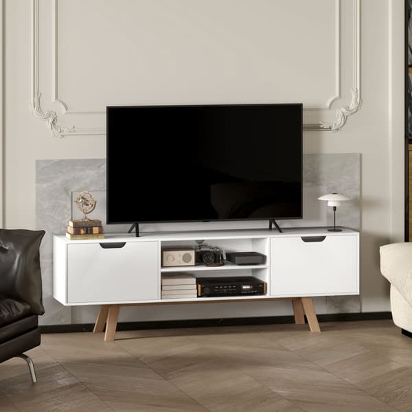 TV-skap, TV-stativ for fjernsyn opptil 65 tommer, lowboard med 2 skap og 2 hyller, TV-skap til stue, 150 x 39 x 50 cm hvit