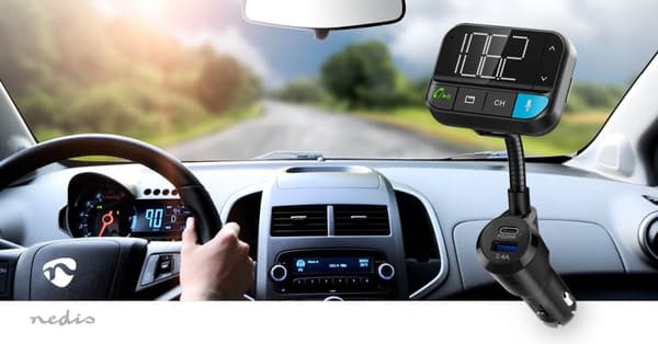 Bil FM-sändare | Svanhals | Handsfree-samtal | 2 " | Svart vit skärm | Bluetooth® | PD 20 W / QC 3.0 | Snabbladdning | Basförstärkning | Google Assist