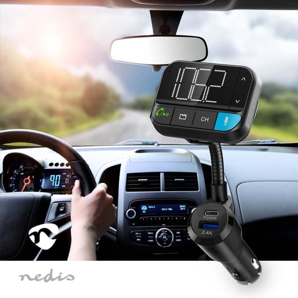 Bil FM-sändare | Svanhals | Handsfree-samtal | 2 " | Svart vit skärm | Bluetooth® | PD 20 W / QC 3.0 | Snabbladdning | Basförstärkning | Google Assist