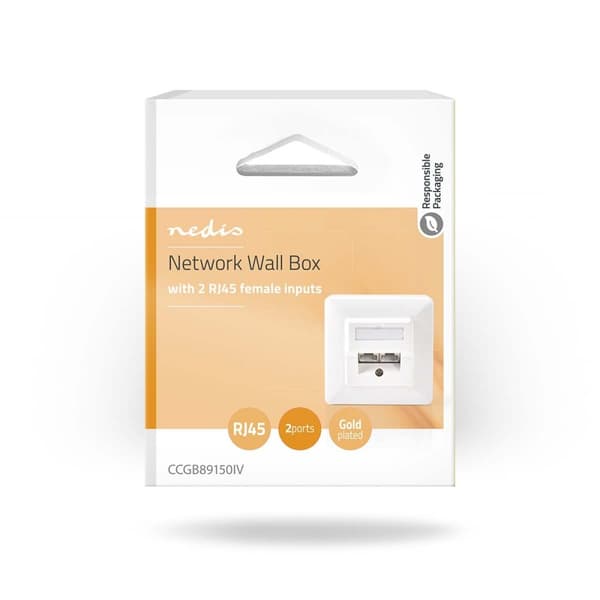 Network Wall Box | In-Wall | 2 port(er) | CAT5e | Rett | Kvinne | Gullbelagt | ABS | Hvit | Eske