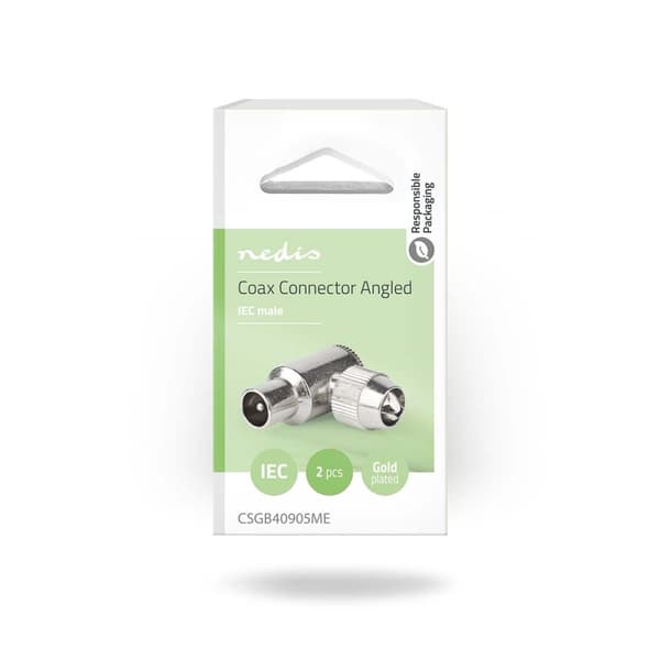 IEC (Coax) stik | Vinklet 90° | Mand | Forniklet | 75 Ohm | Skrue | Kabelindgangsdiameter: 7,0 mm | Metal | Sølv | 2 stk | Boks