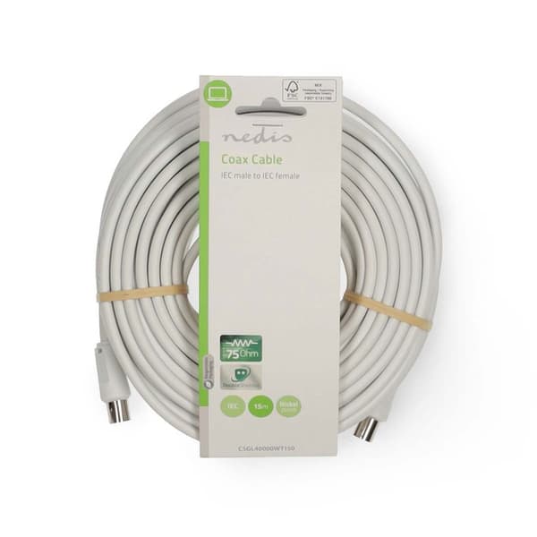 Koaksiaalikaapeli | IEC (koaksiaali) uros | IEC (koaksiaali) naaras | Nikkelipinnoitettu | 90 dB | 75 ohmia | Kaksoissuojattu | 15,0 m | Pyöreä | PVC