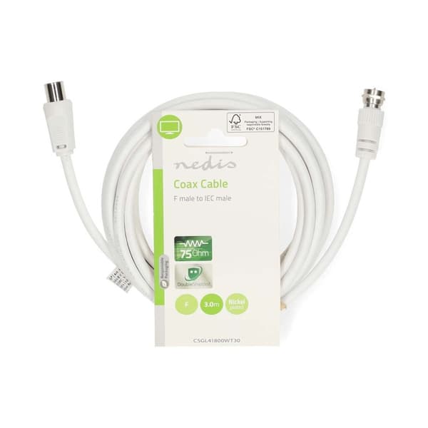 Satellit- og antennekabel | F Mand | IEC (Coax) Han | Forniklet | 75 Ohm | Dobbelt skærmet | 3,00 m | runde | PVC | Hvid | Mærke