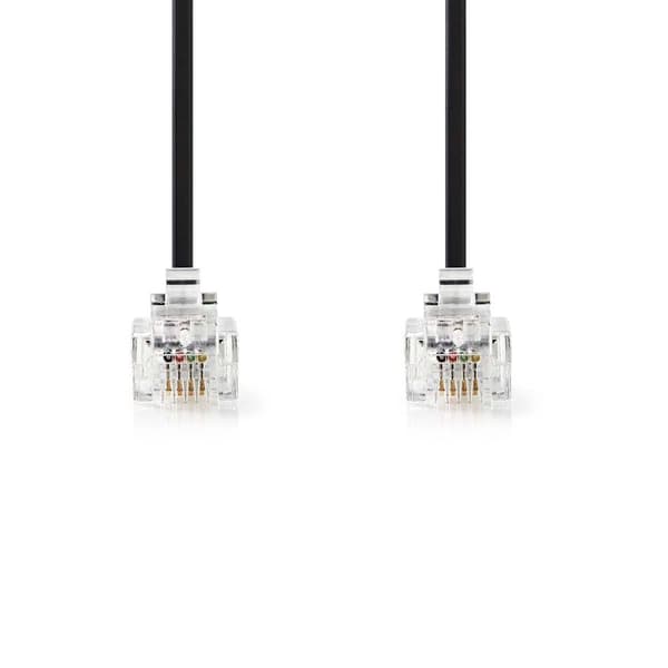 Telekomkabel | RJ11 Hane | RJ11 Hane | 10,0 m | Kabeldesign: Platt | Guldpläterad | Kabeltyp: RJ11 | Svart | Märka