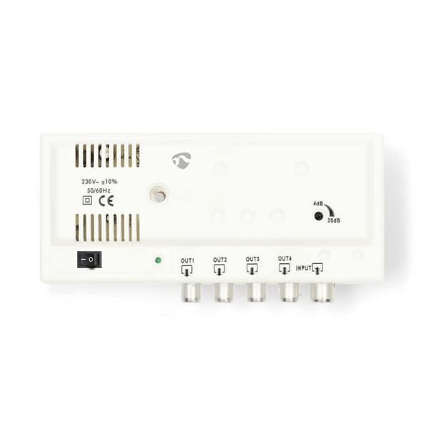 CATV forsterker | Forsterkning: 20 dB | 47 - 862 MHz | Antall utganger: 4 | Få kontroll | Hvit