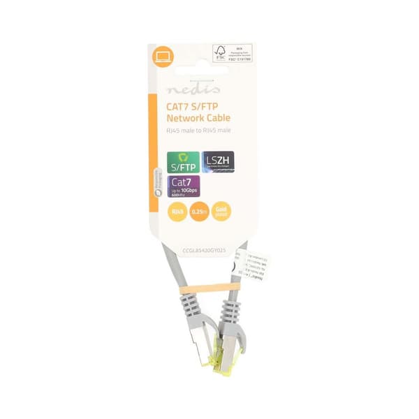CAT7 nettverkskabel | S/FTP | RJ45 hann | RJ45 hann | 0,25 m | Snagless | Runde | LSZH | Grå | Merkelapp