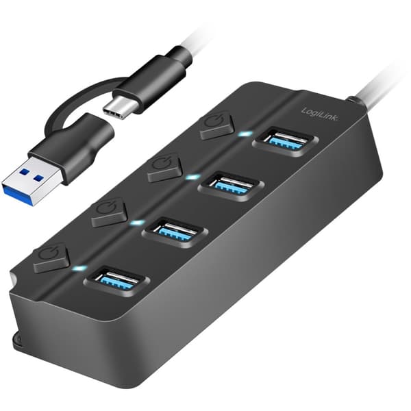 4-porttinen USB-keskitin erillisillä päälle/pois-painikkeilla USB-C/USB-A USB 3.2 Gen1:ssä
